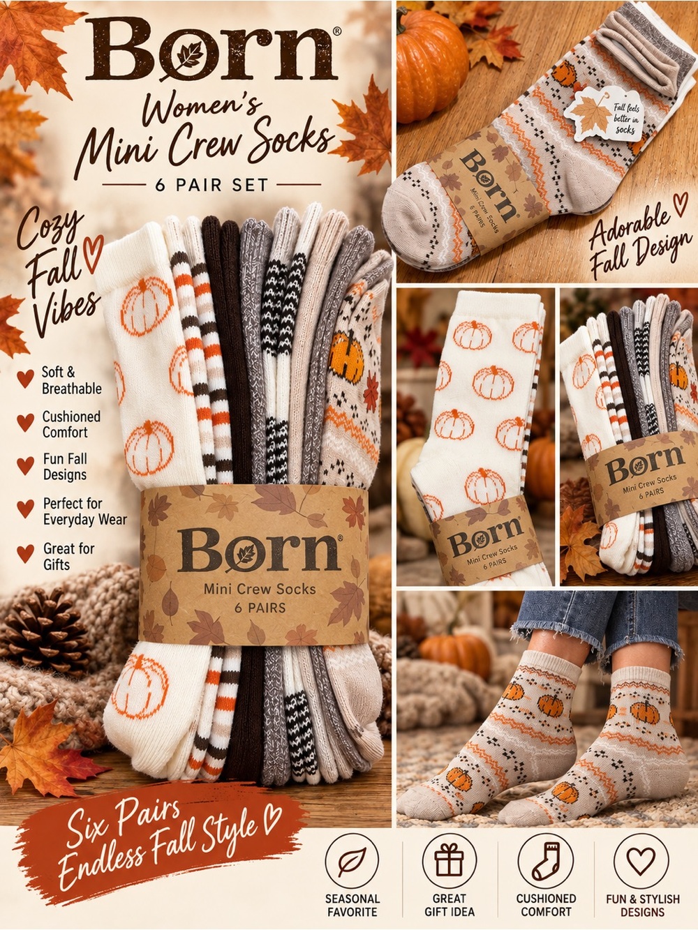 NWT Born Women's Cream, Orange & Brown Mini Crew Socks - 6 Pair Fall Pack